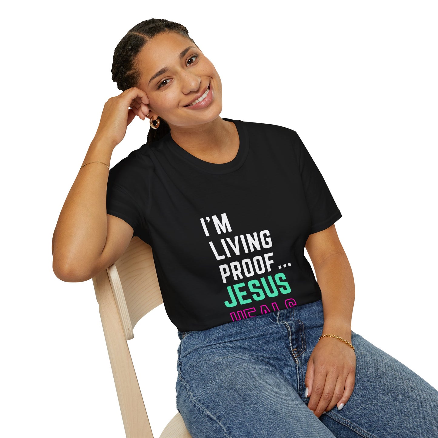 I am living proof...Jesus Heals- Women's Softstyle T-Shirt (electric)