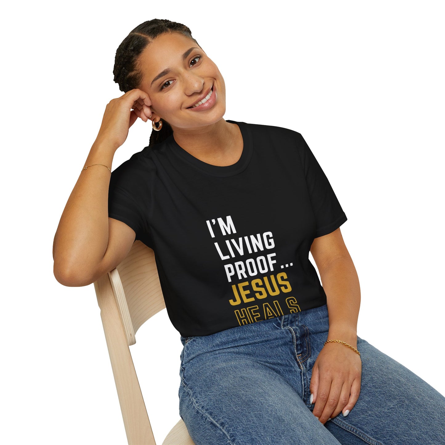 I'm living proof...Jesus Heals- Unisex Softstyle T-Shirt (gold edition)