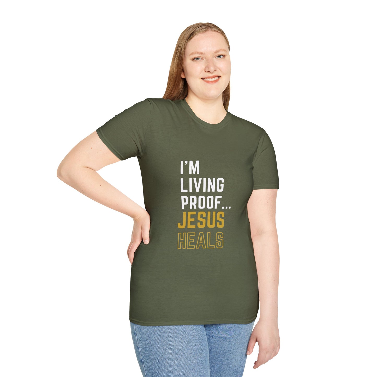 I'm living proof...Jesus Heals- Unisex Softstyle T-Shirt (gold edition)