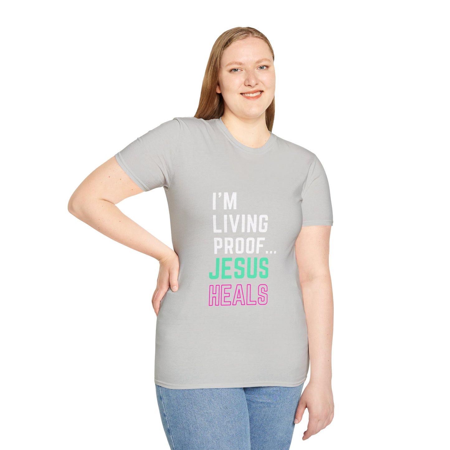 I am living proof...Jesus Heals- Women's Softstyle T-Shirt (electric)