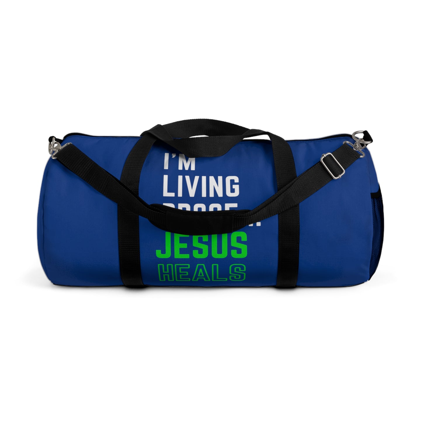 I'm living proof...Jesus Heals - Duffel Bag (dark blue/neon)