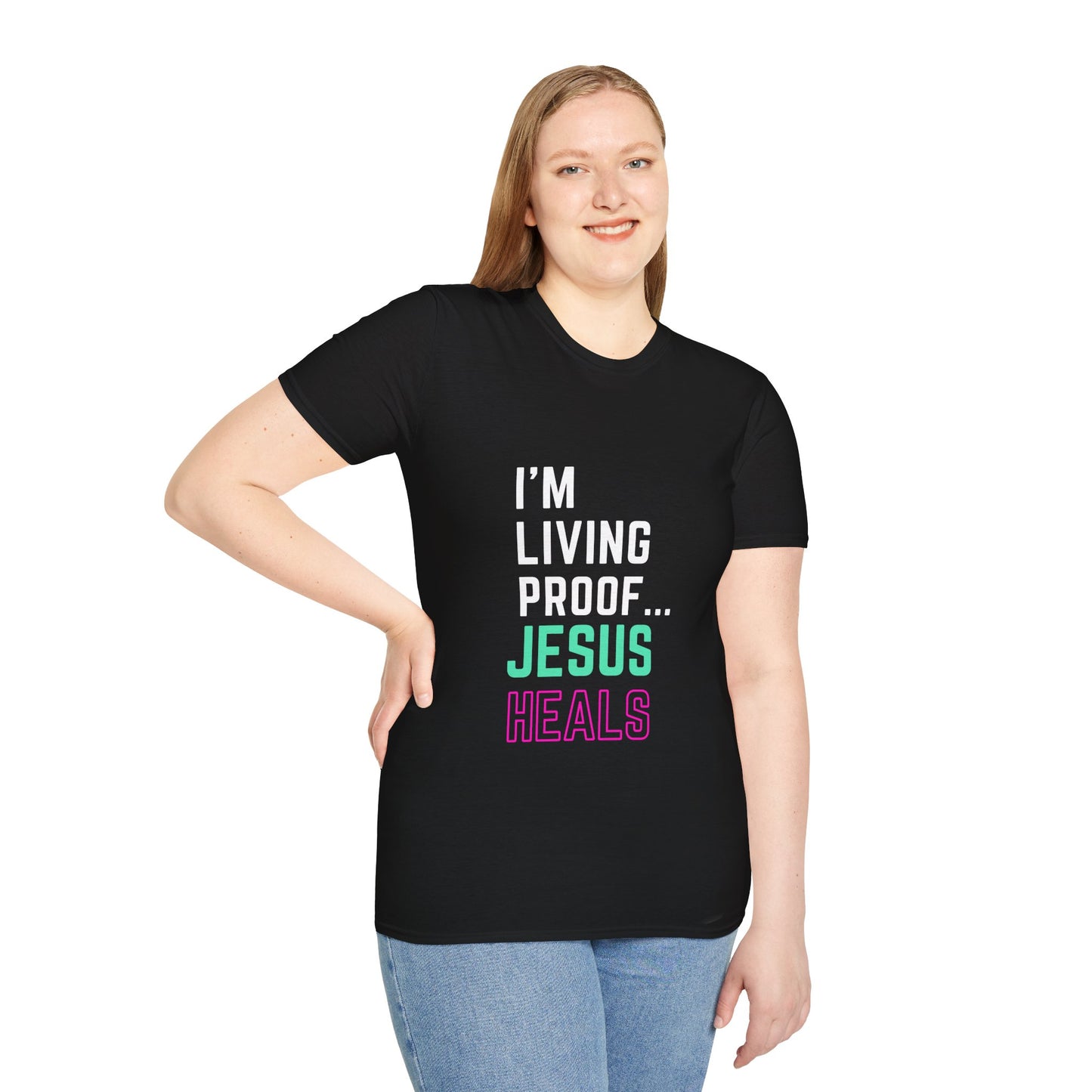 I am living proof...Jesus Heals- Women's Softstyle T-Shirt (electric)