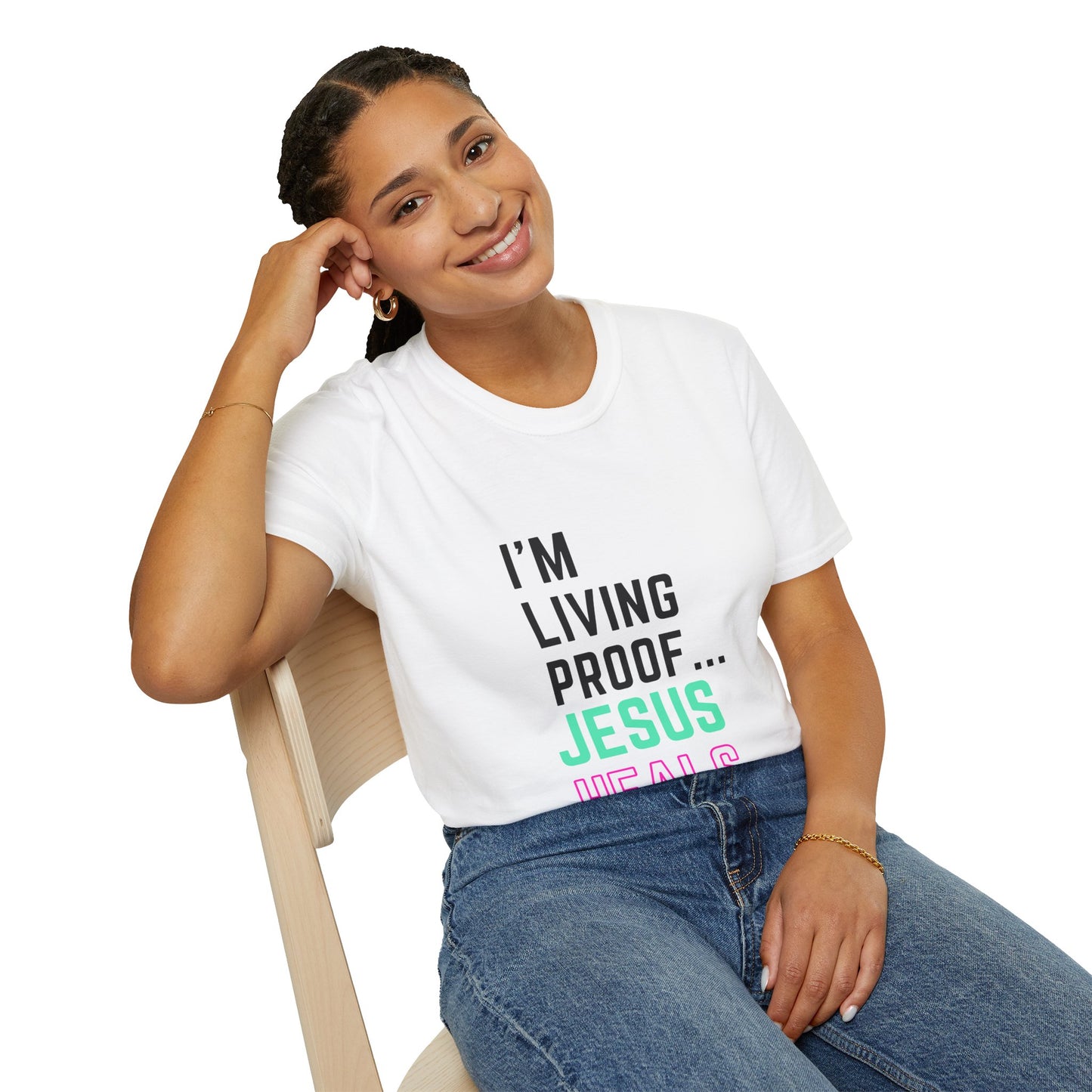 I am living proof...Jesus Heals- Women's Softstyle T-Shirt (electric)