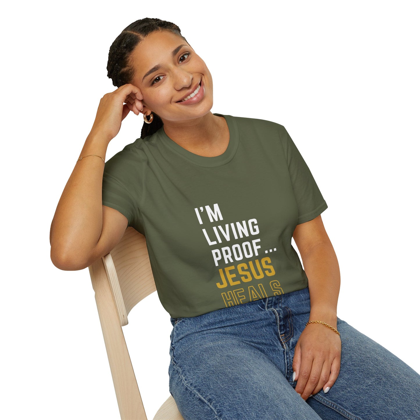 I'm living proof...Jesus Heals- Unisex Softstyle T-Shirt (gold edition)