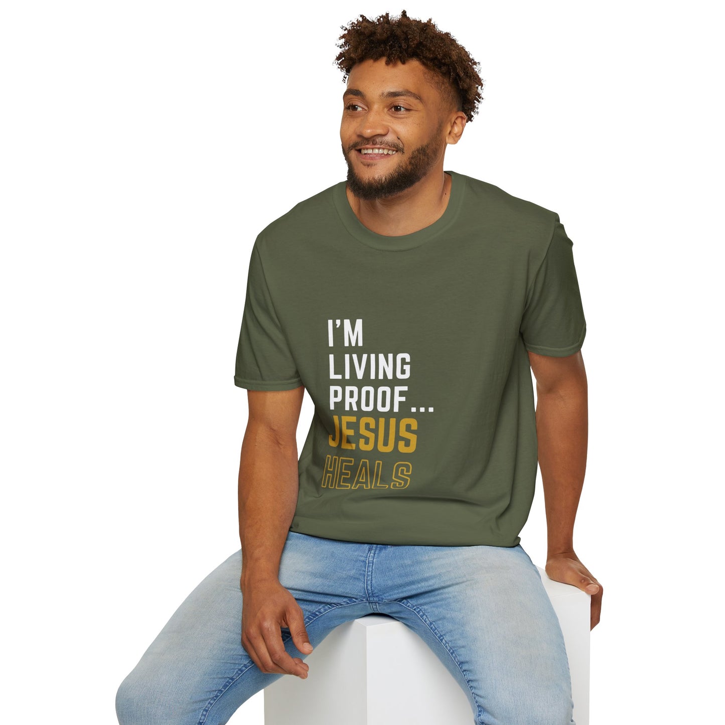 I'm living proof...Jesus Heals- Unisex Softstyle T-Shirt (gold edition)