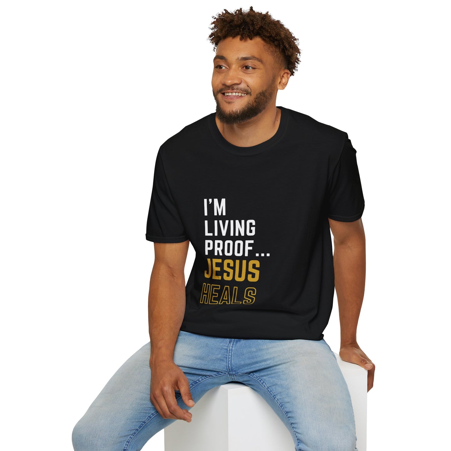 I'm living proof...Jesus Heals- Unisex Softstyle T-Shirt (gold edition)