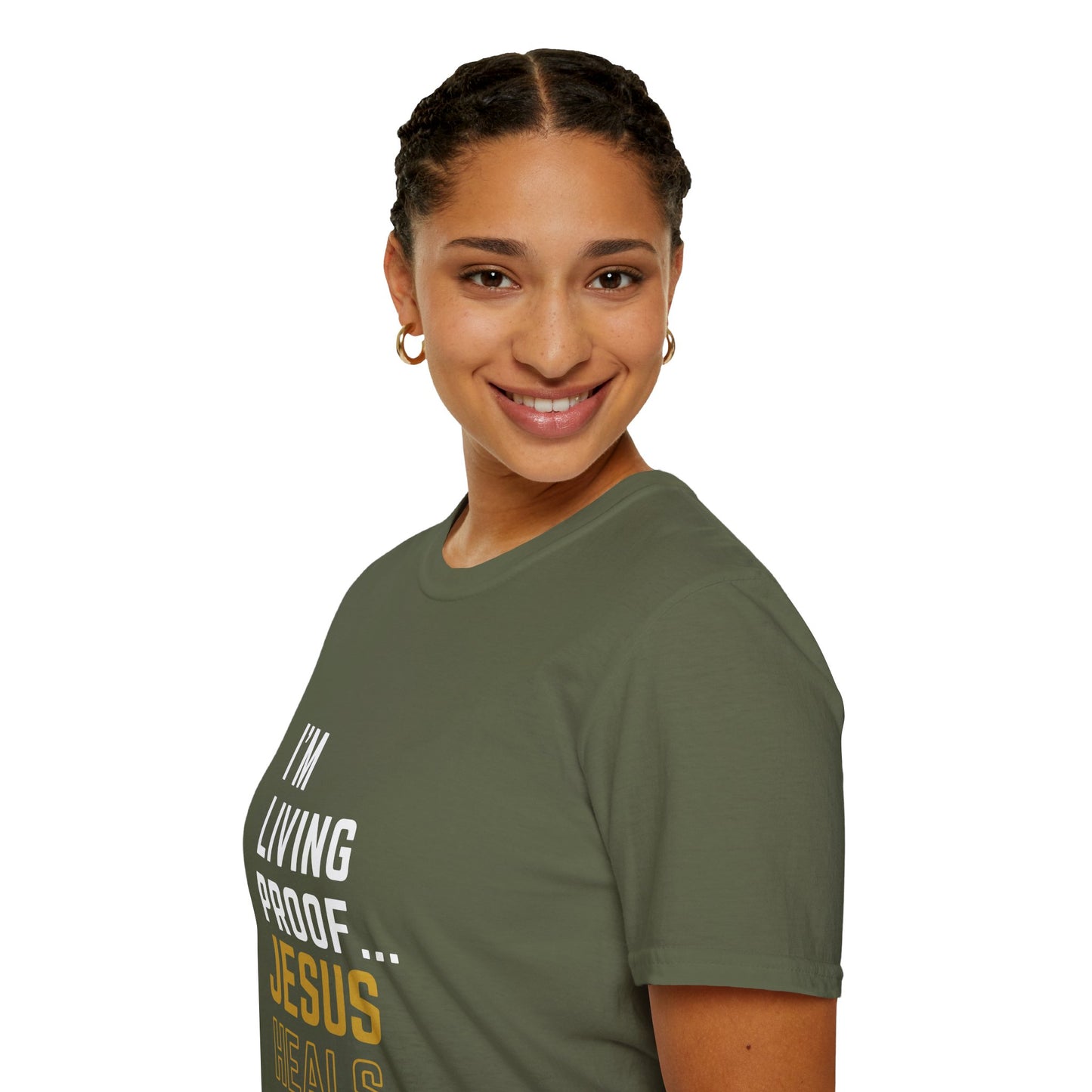 I'm living proof...Jesus Heals- Unisex Softstyle T-Shirt (gold edition)