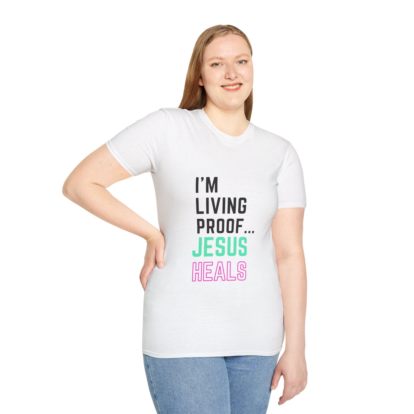 I am living proof...Jesus Heals- Women's Softstyle T-Shirt (electric)