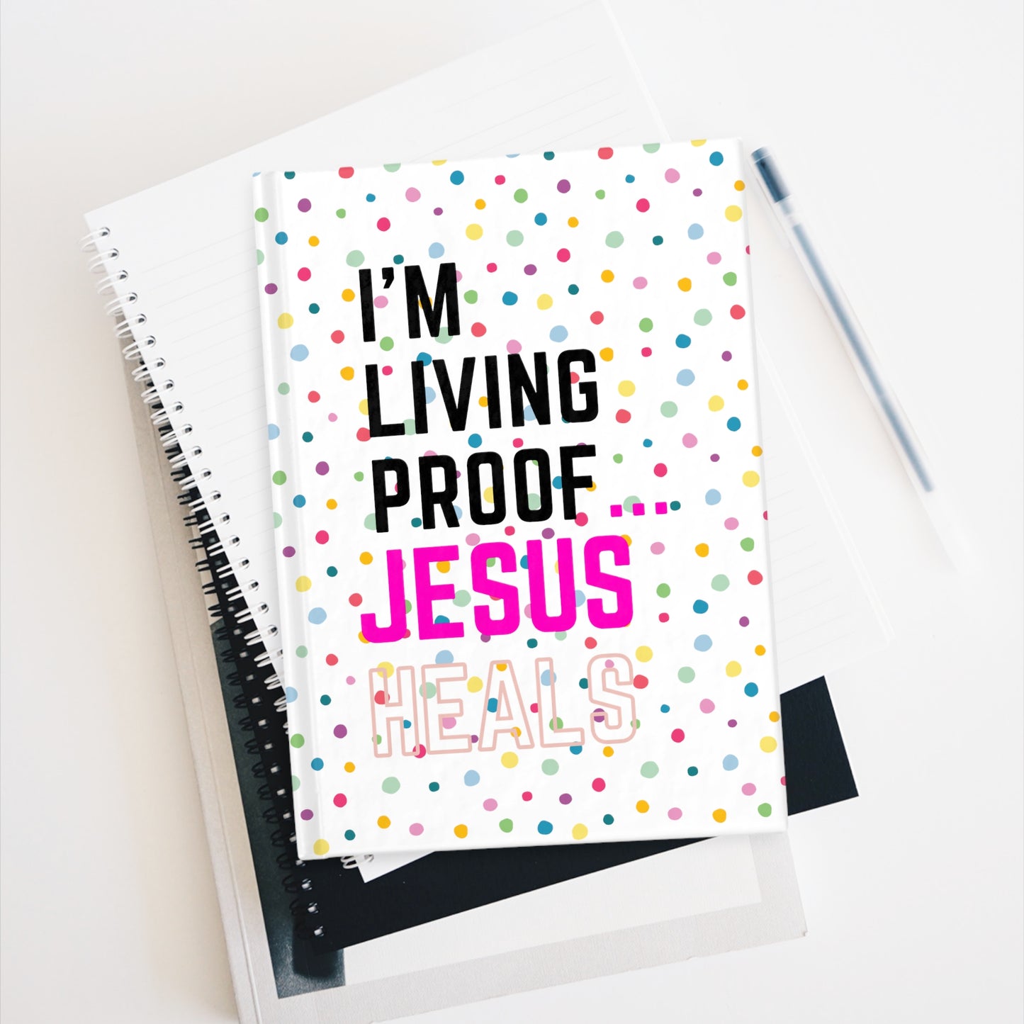 I'm living proof...Jesus Heals- Hardcover Journal (polka dots)