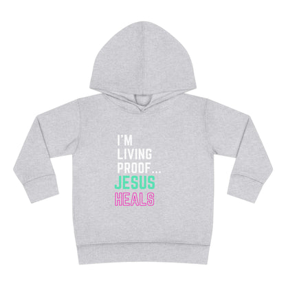 I'm living proof...Jesus Heals- Toddler Pullover Hoodie (pink & blue letters)