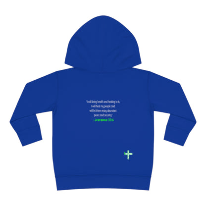 I'm living proof...Jesus Heals- Toddler Pullover Hoodie (neon letters)