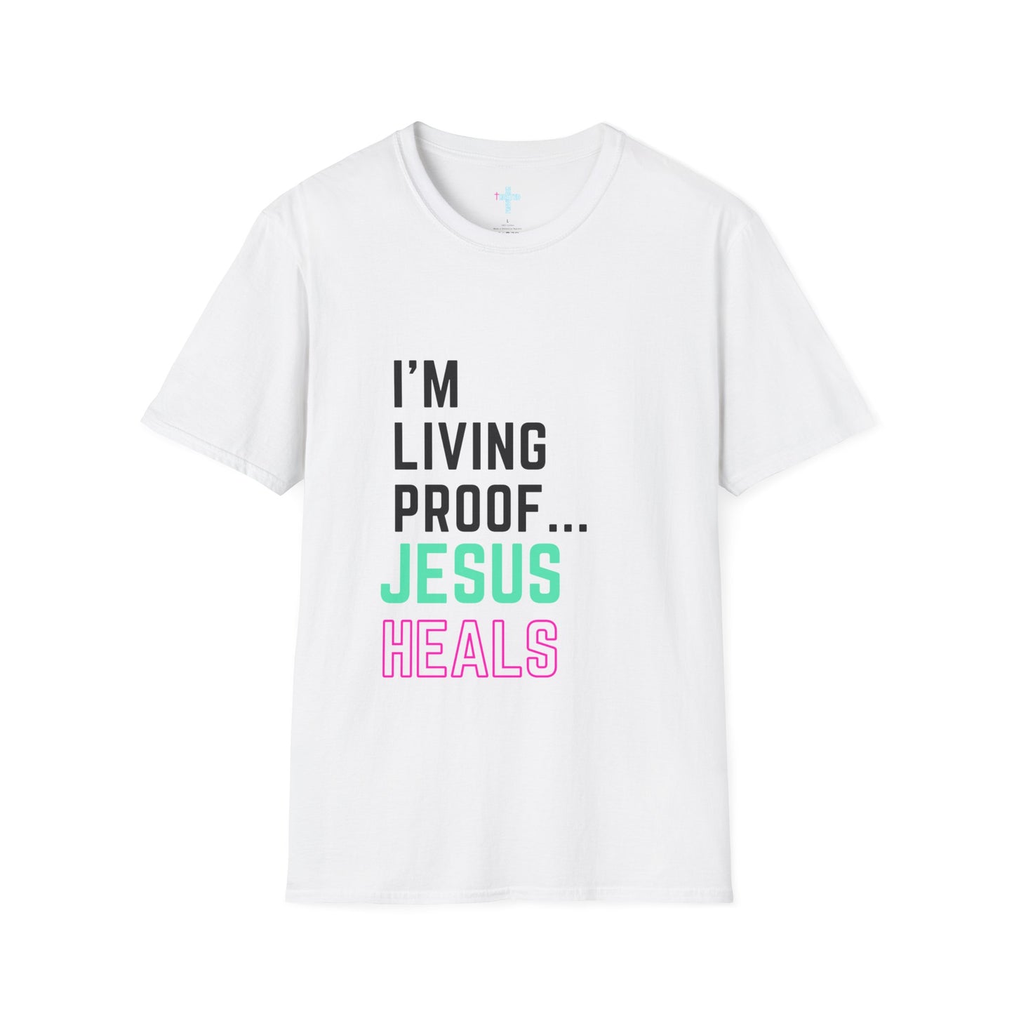 I am living proof...Jesus Heals- Unisex Softstyle T-Shirt (electric)