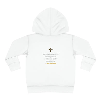 I'm living proof...Jesus Heals- Toddler Pullover Hoodie (gold letters)