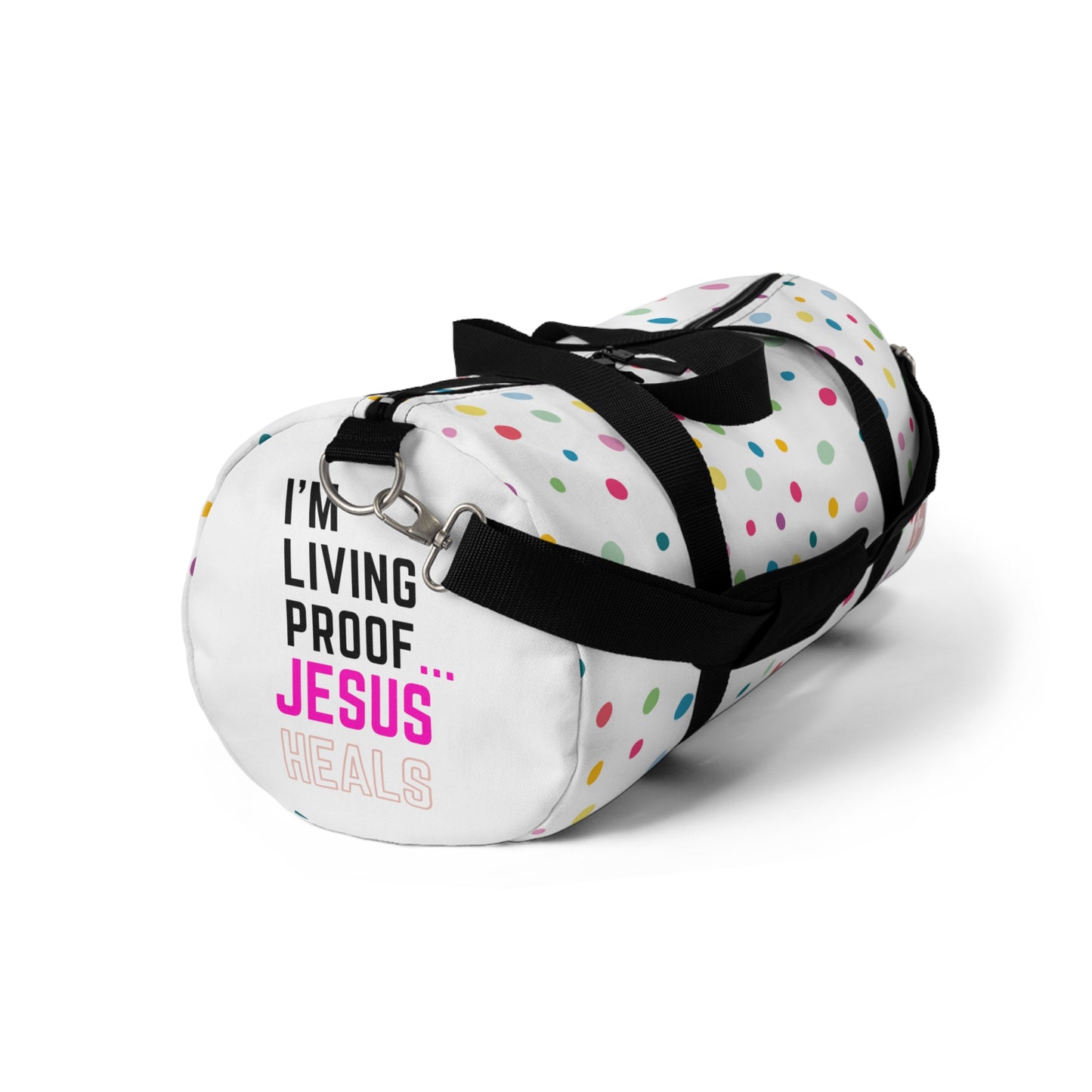 I am living proof...Jesus Heals- Duffel Bag (polka dots)