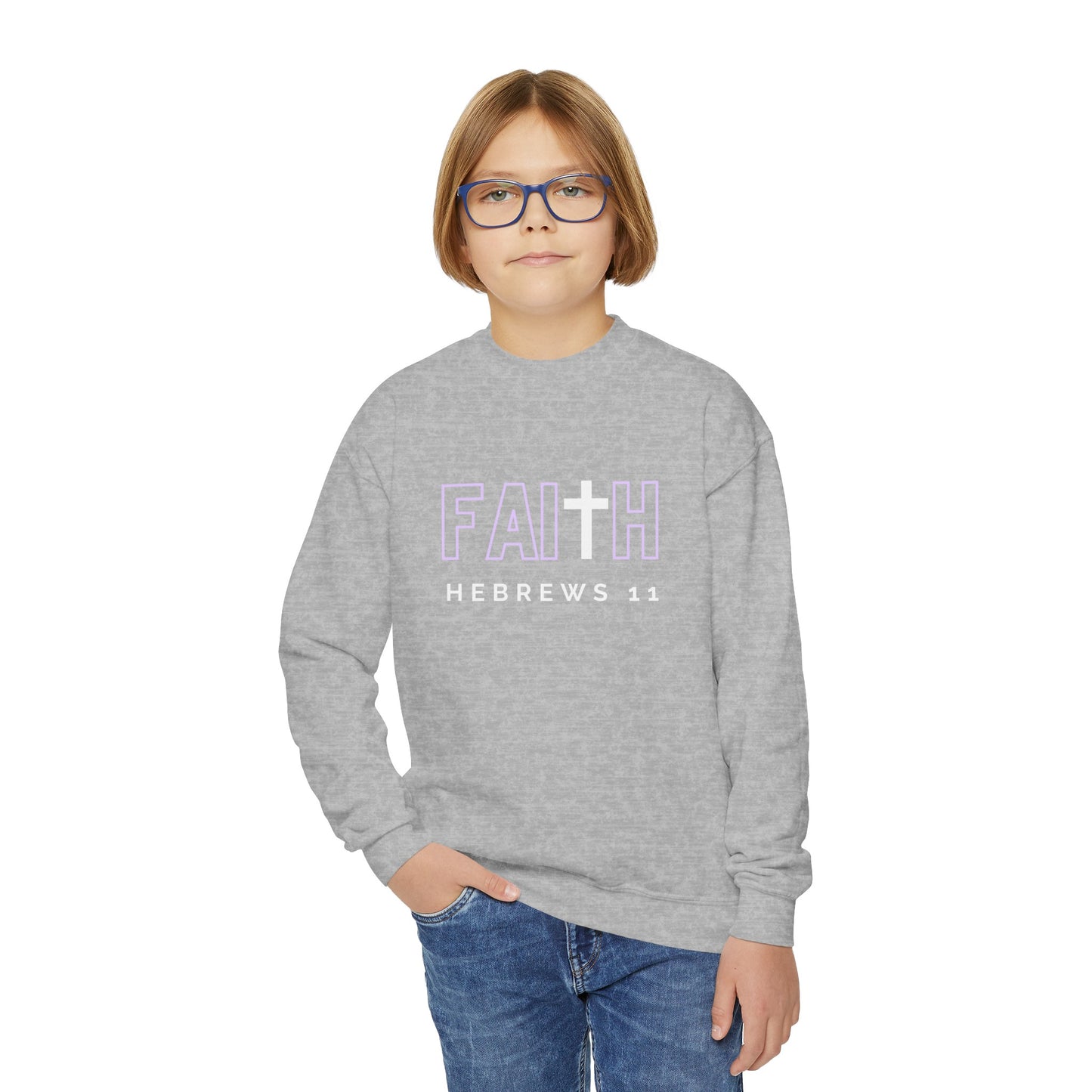 FAITH/Hebrews 11- Youth Crewneck Sweatshirt (lilac letters)