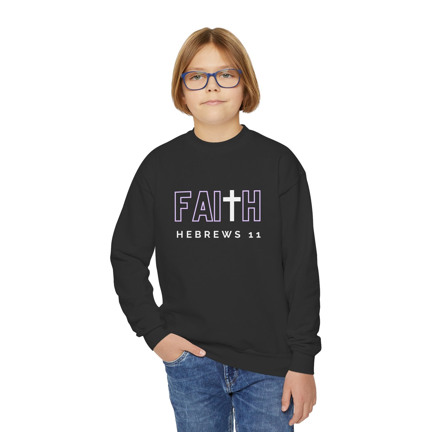 FAITH/Hebrews 11- Youth Crewneck Sweatshirt (lilac letters)