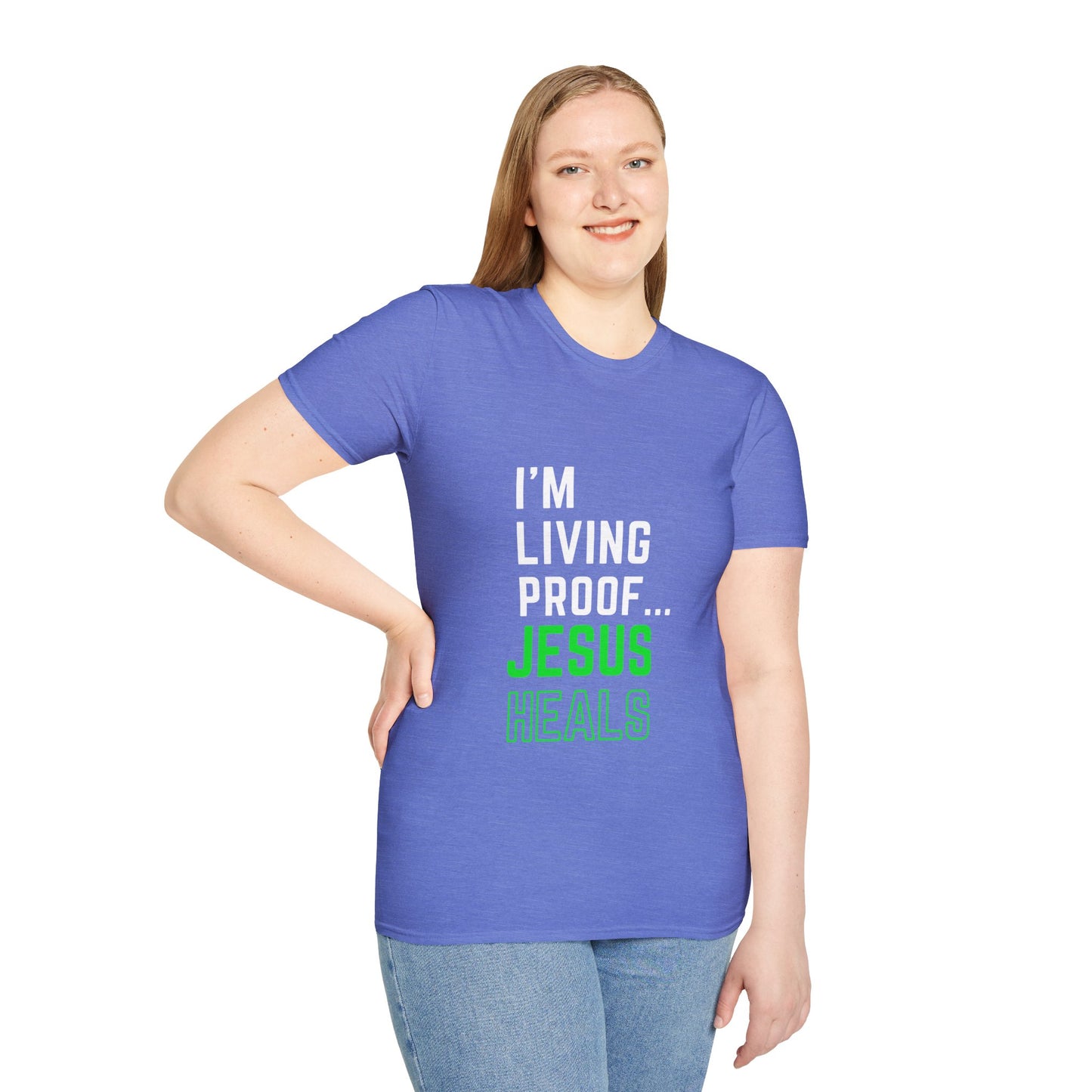 I'm living proof...Jesus Heals- Unisex Softstyle T-Shirt (neon)