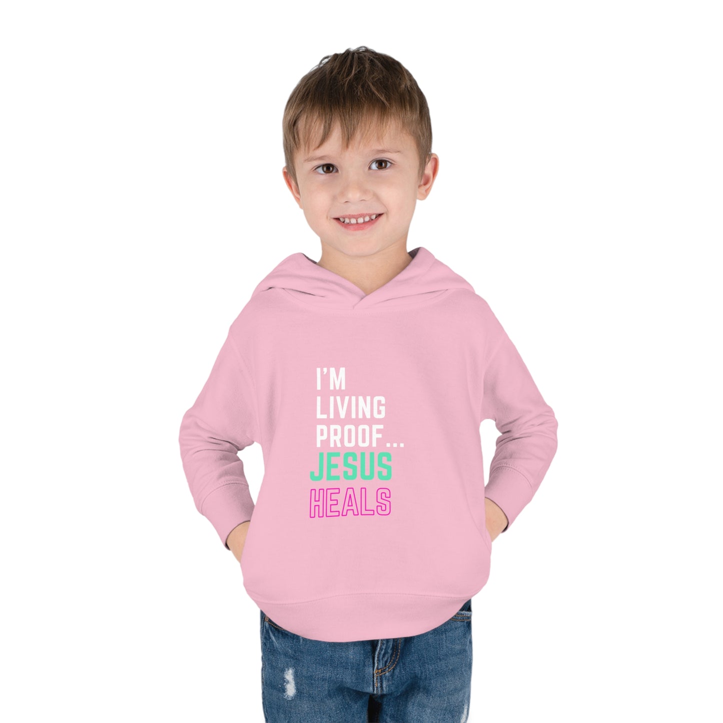 I'm living proof...Jesus Heals- Toddler Pullover Hoodie (pink & blue letters)