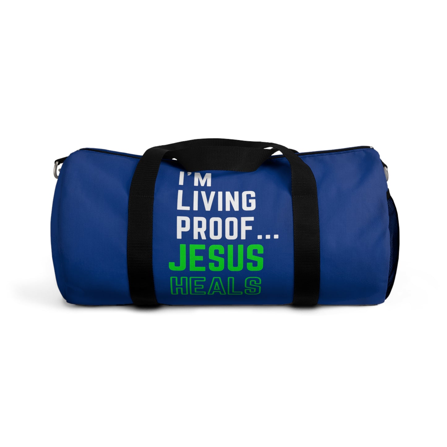 I'm living proof...Jesus Heals - Duffel Bag (dark blue/neon)