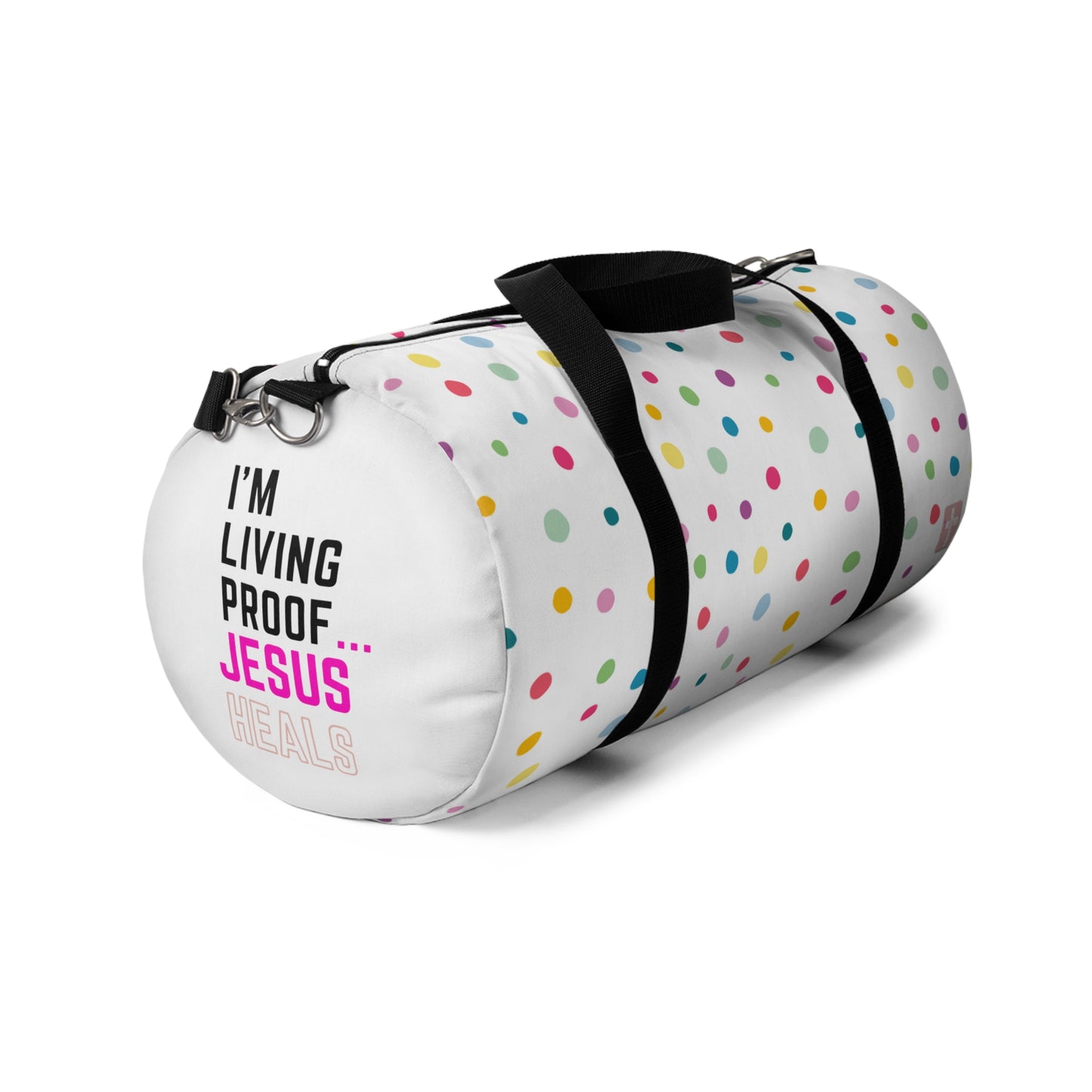 I am living proof...Jesus Heals- Duffel Bag (polka dots)