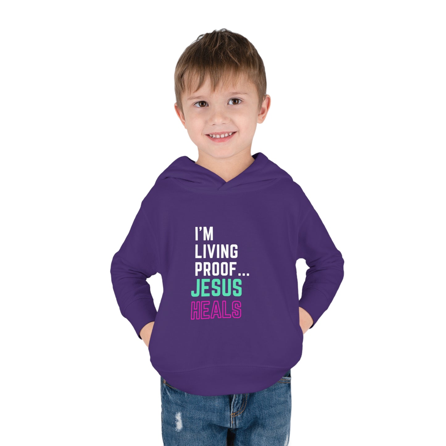 I'm living proof...Jesus Heals- Toddler Pullover Hoodie (pink & blue letters)