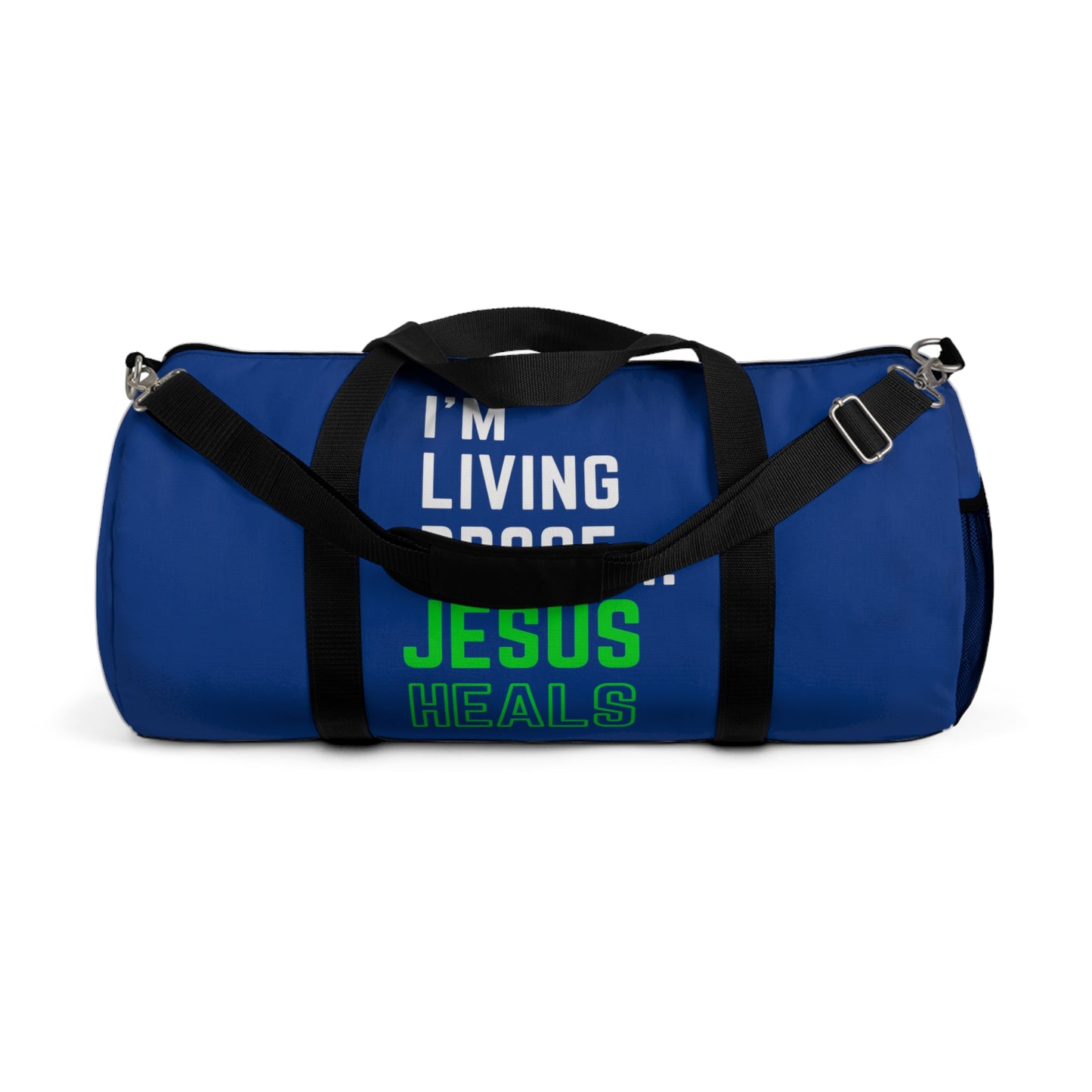 I'm living proof...Jesus Heals - Duffel Bag (dark blue/neon)