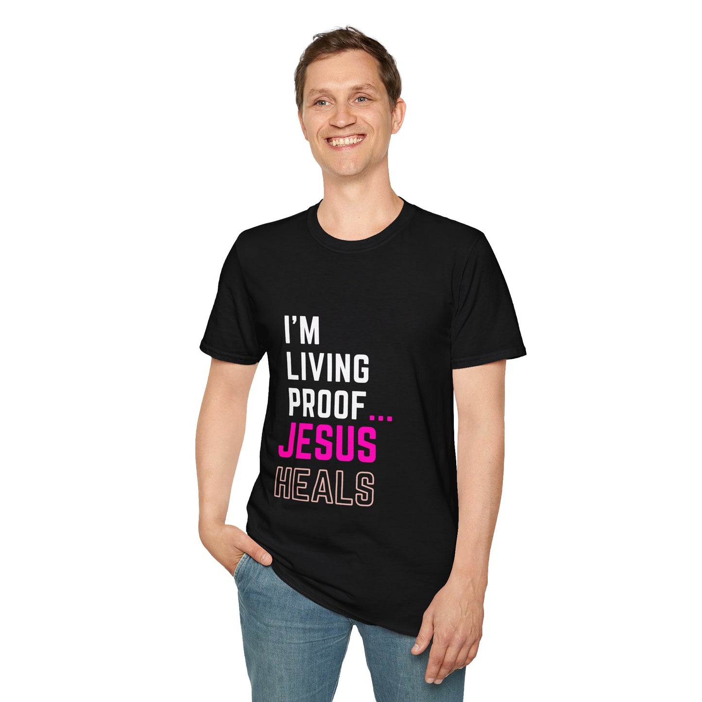 I'm living proof...Jesus Heals- Unisex Softstyle T-Shirt (pink letters)