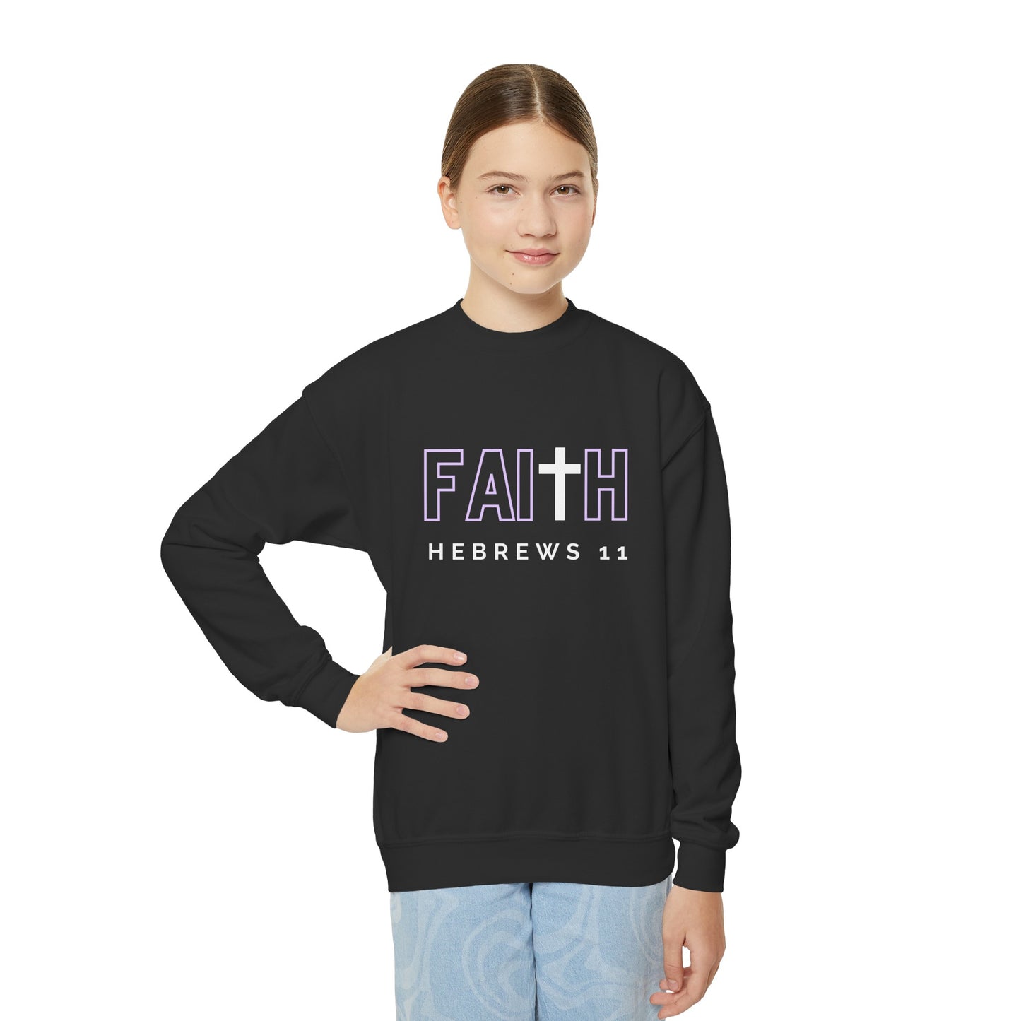 FAITH/Hebrews 11- Youth Crewneck Sweatshirt (lilac letters)