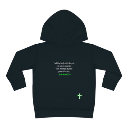 I'm living proof...Jesus Heals- Toddler Pullover Hoodie (neon letters)