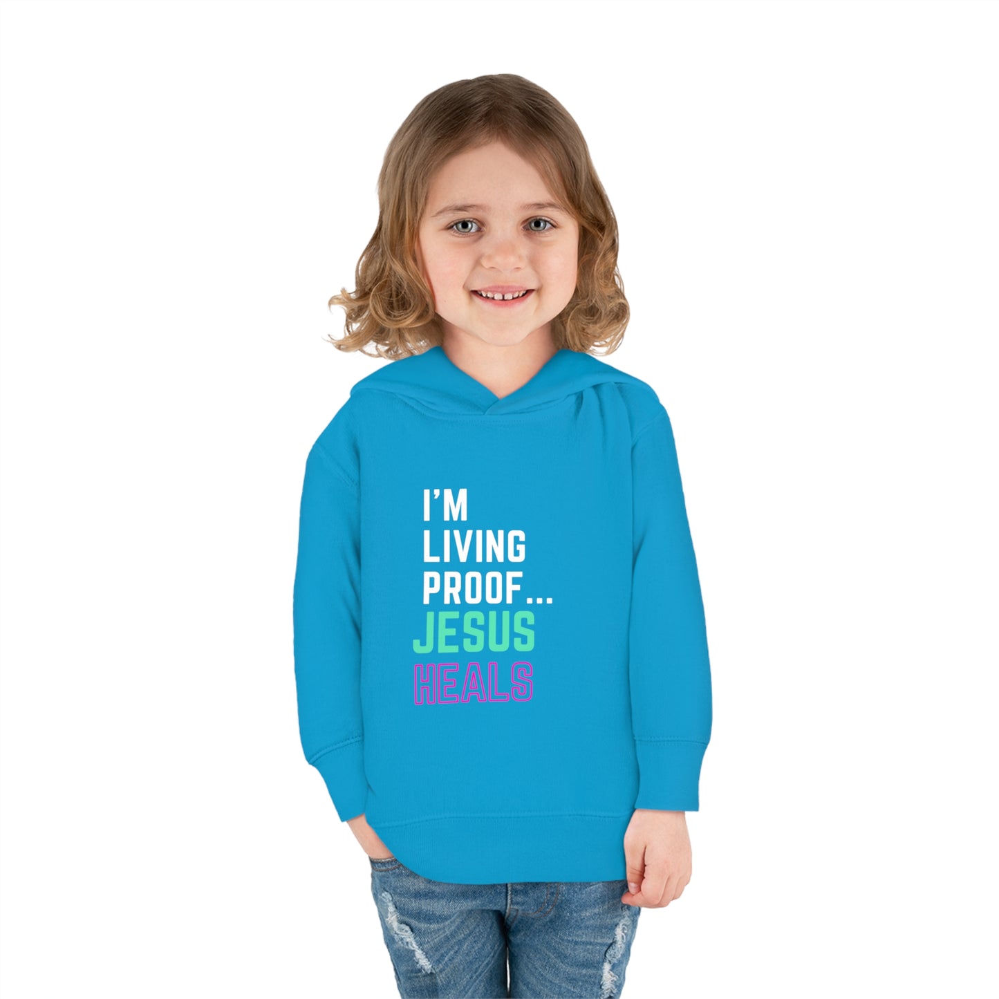 I'm living proof...Jesus Heals- Toddler Pullover Hoodie (pink & blue letters)