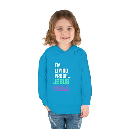 I'm living proof...Jesus Heals- Toddler Pullover Hoodie (pink & blue letters)