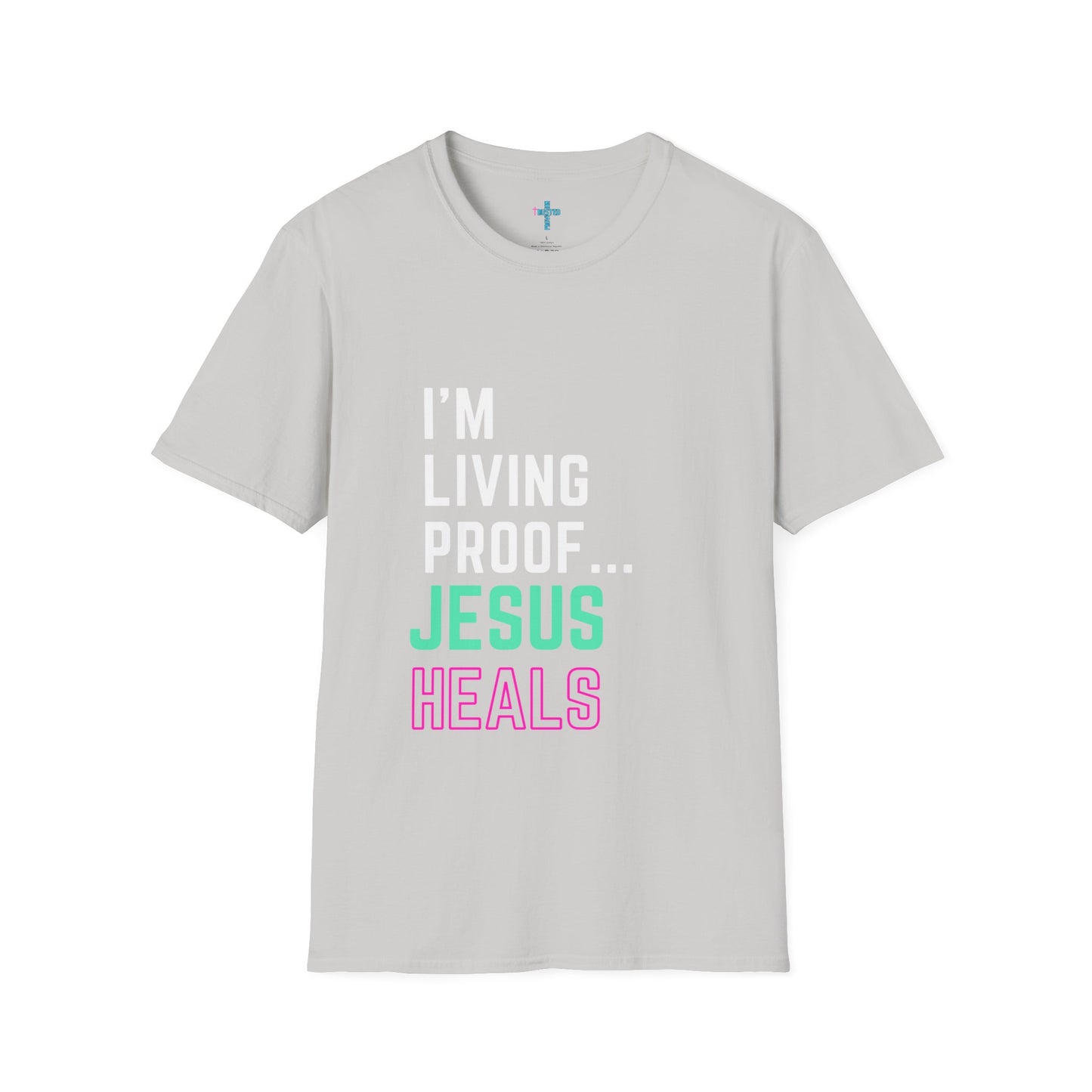 I am living proof...Jesus Heals- Unisex Softstyle T-Shirt (electric)