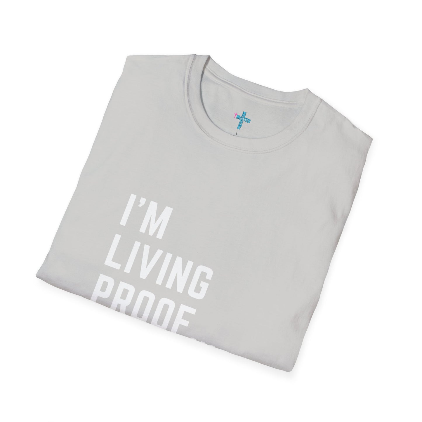 I am living proof...Jesus Heals- Unisex Softstyle T-Shirt (electric)