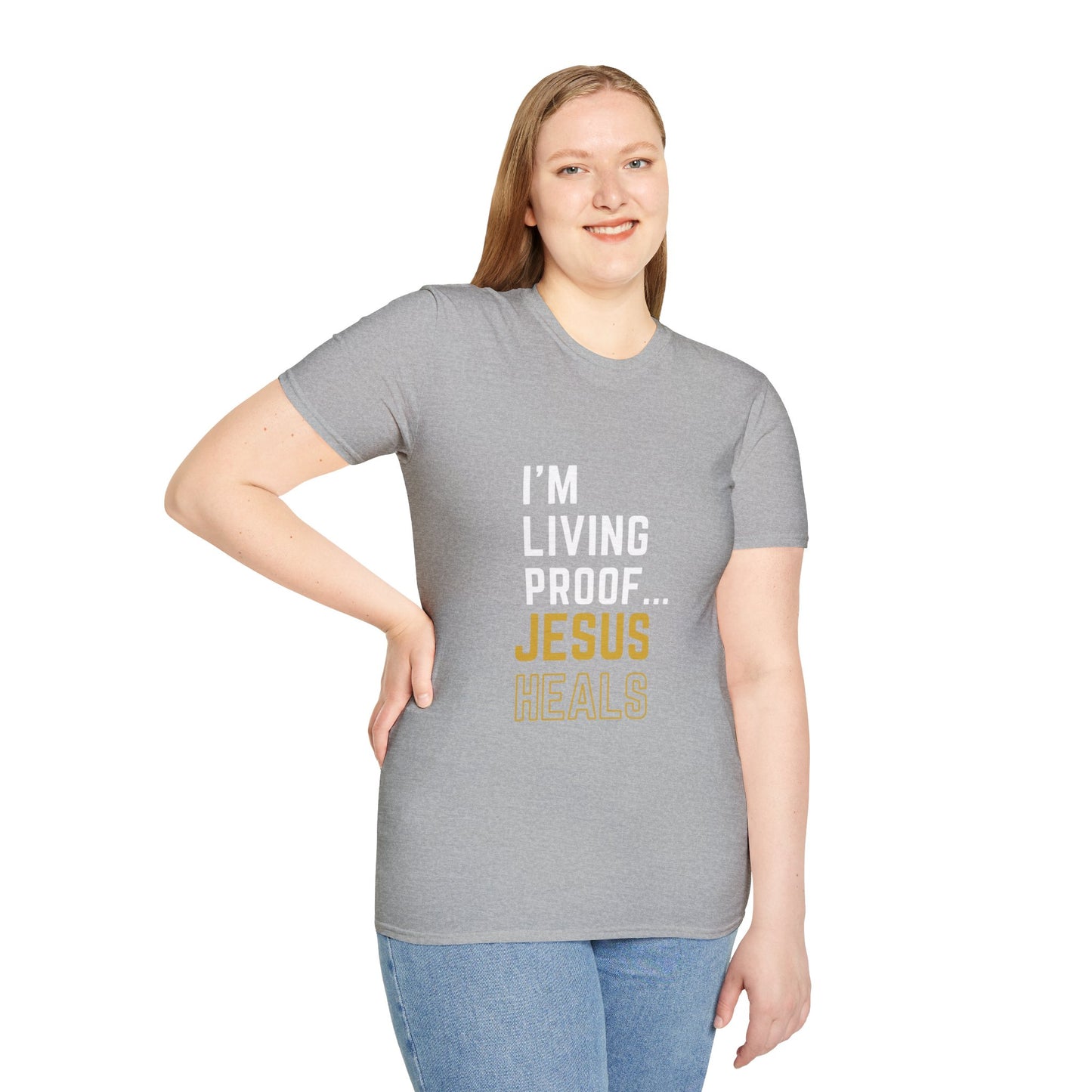 I'm living proof...Jesus Heals- Unisex Softstyle T-Shirt (gold edition)