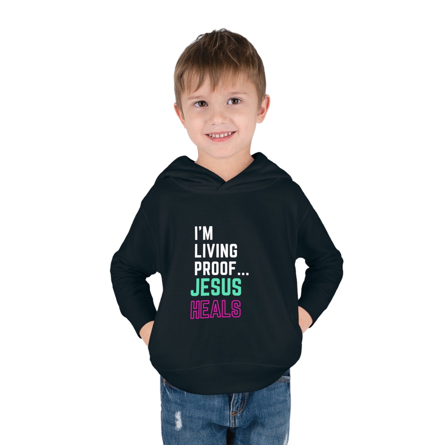 I'm living proof...Jesus Heals- Toddler Pullover Hoodie (pink & blue letters)