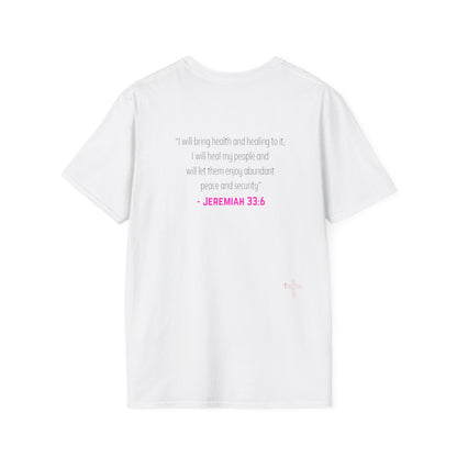 I'm living proof...Jesus Heals- Women's Softstyle T-Shirt (pink letters)