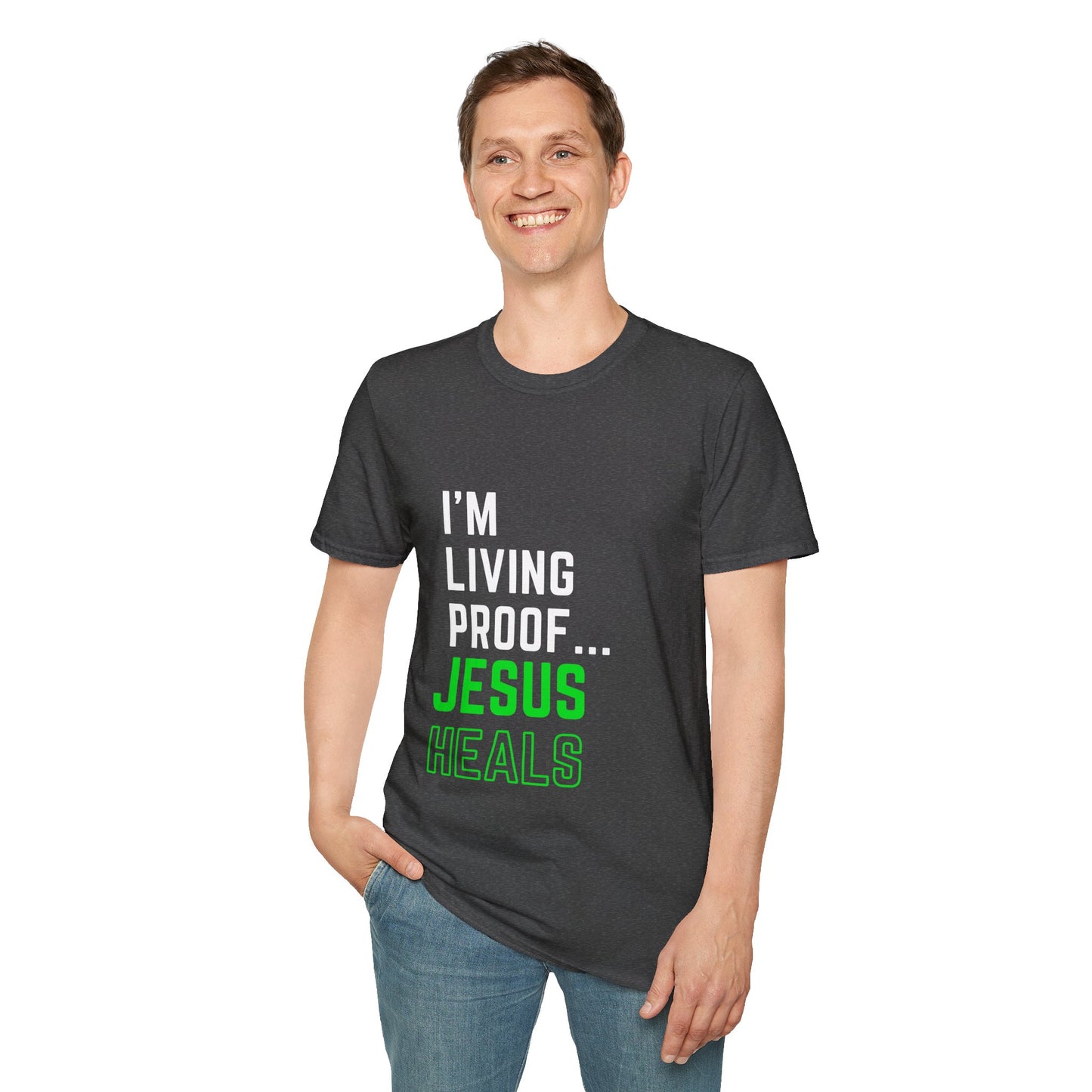 I'm living proof...Jesus Heals- Unisex Softstyle T-Shirt (neon)