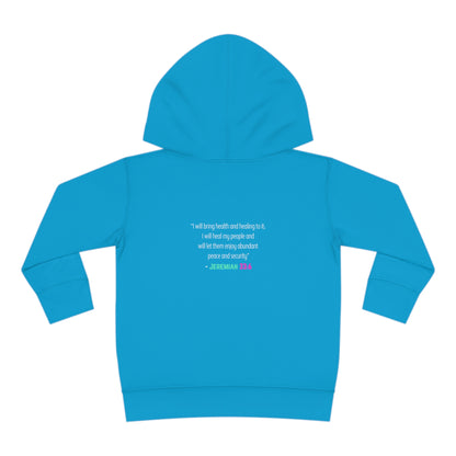 I'm living proof...Jesus Heals- Toddler Pullover Hoodie (pink & blue letters)