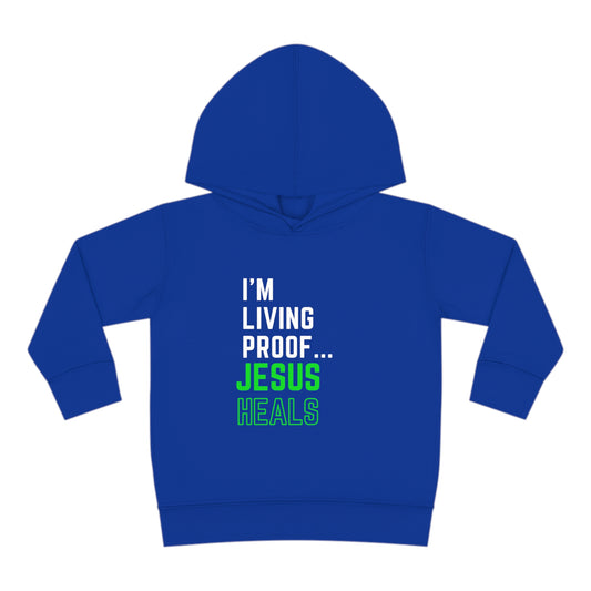 I'm living proof...Jesus Heals- Toddler Pullover Hoodie (neon letters)