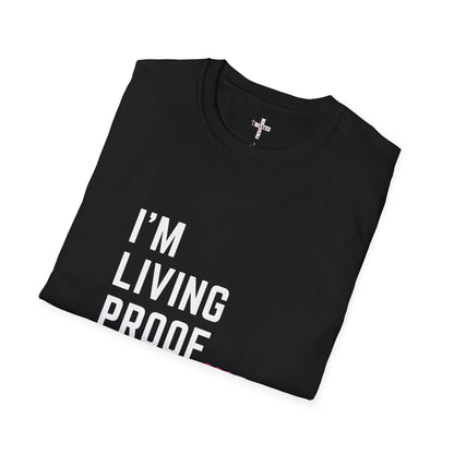I'm living proof...Jesus Heals- Women's Softstyle T-Shirt (pink letters)
