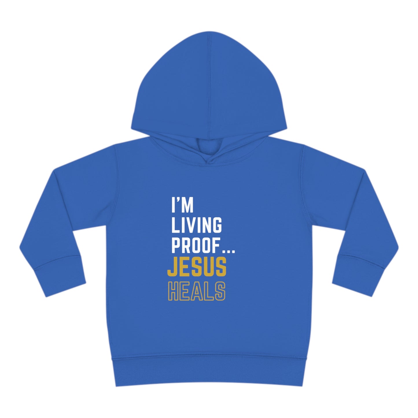 I'm living proof...Jesus Heals- Toddler Pullover Hoodie (gold letters)