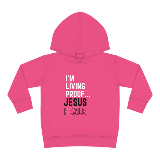 I'm living proof...Jesus Heals- Toddler Pullover Hoodie (pink letters)