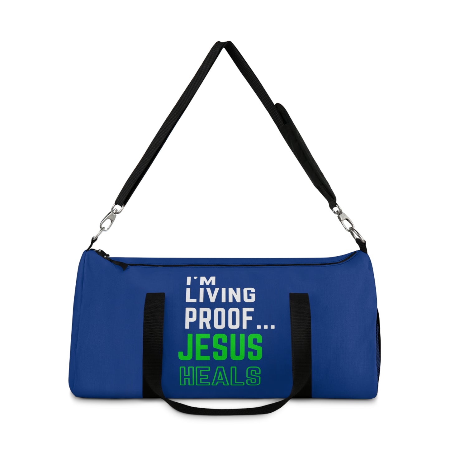 I'm living proof...Jesus Heals - Duffel Bag (dark blue/neon)