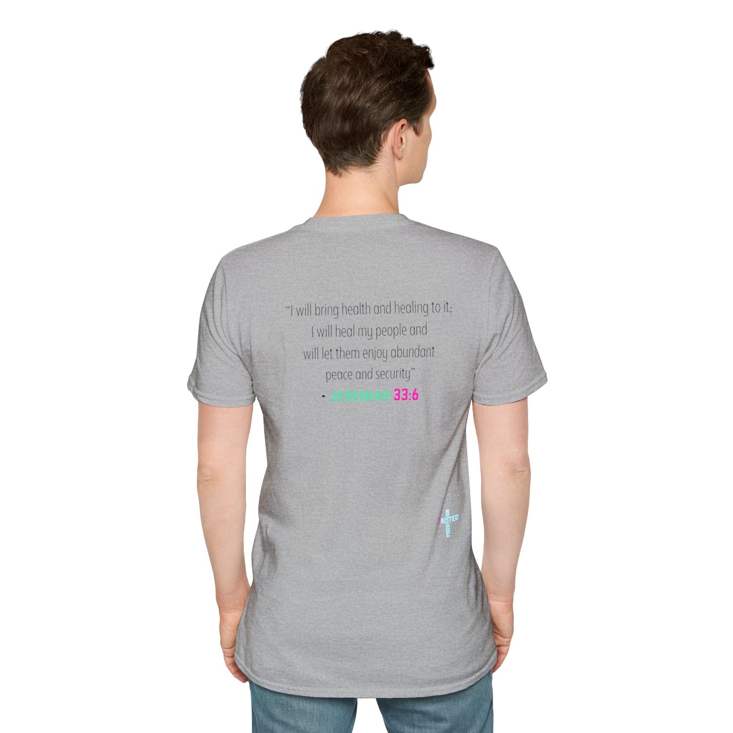 I am living proof...Jesus Heals- Unisex Softstyle T-Shirt (electric)