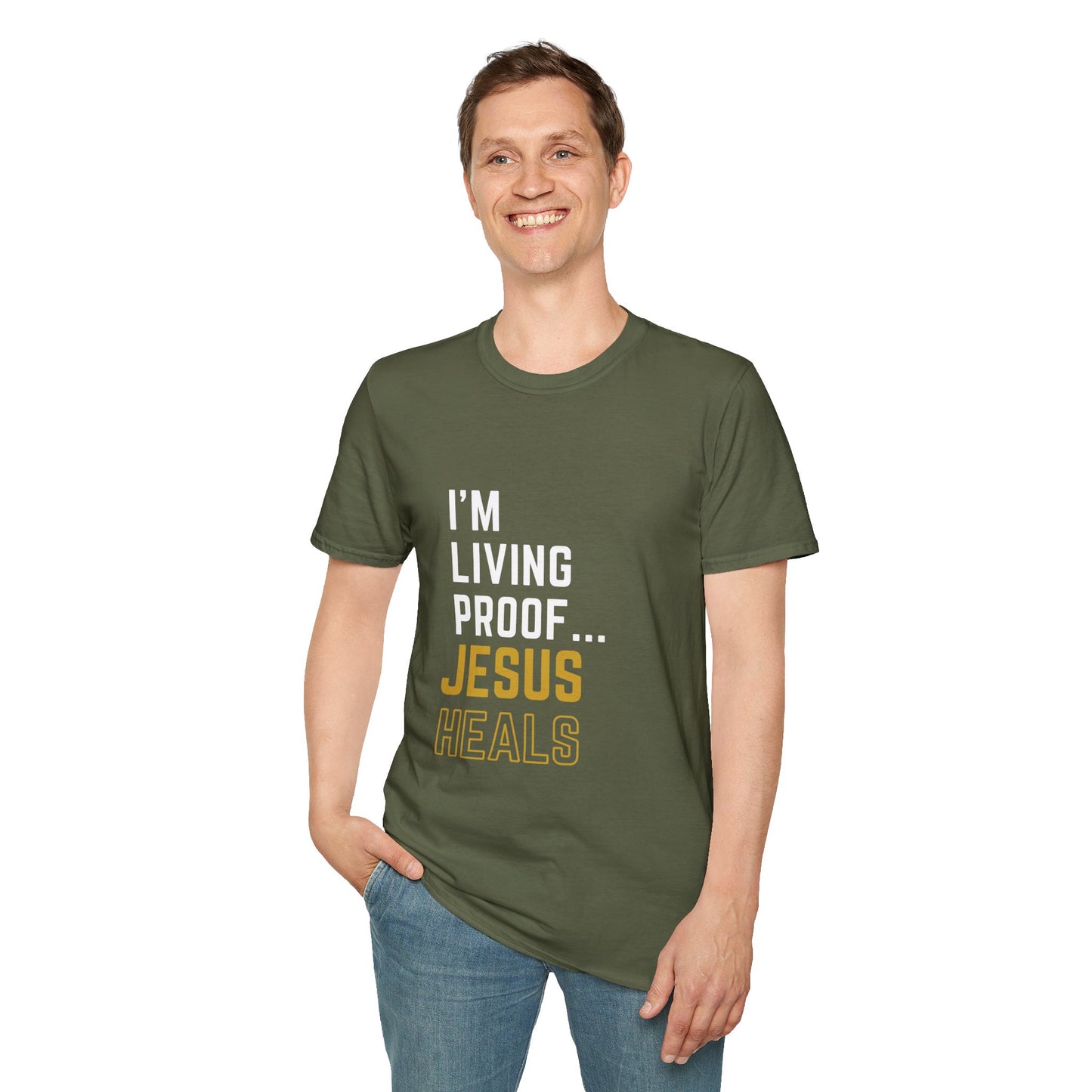 I'm living proof...Jesus Heals- Unisex Softstyle T-Shirt (gold edition)