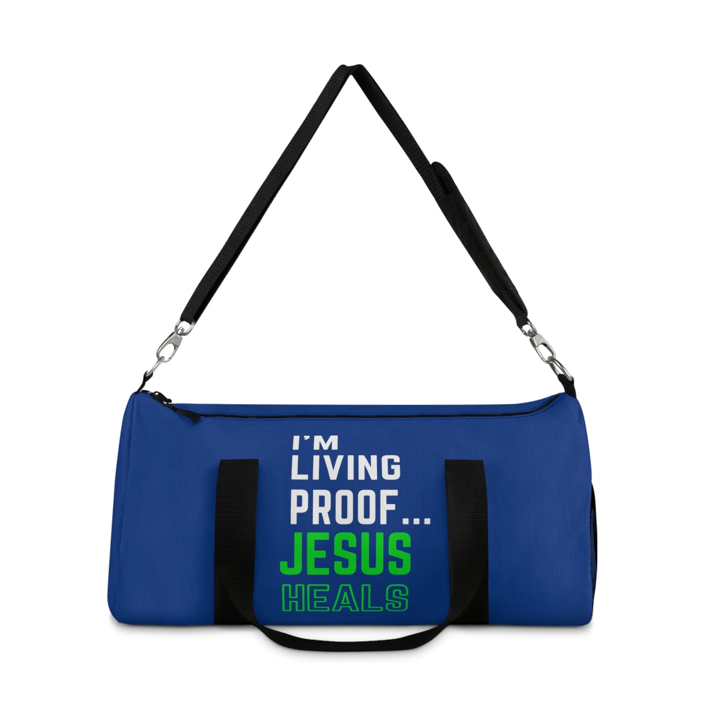 I'm living proof...Jesus Heals - Duffel Bag (dark blue/neon)