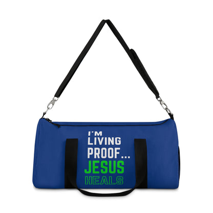 I'm living proof...Jesus Heals - Duffel Bag (dark blue/neon)