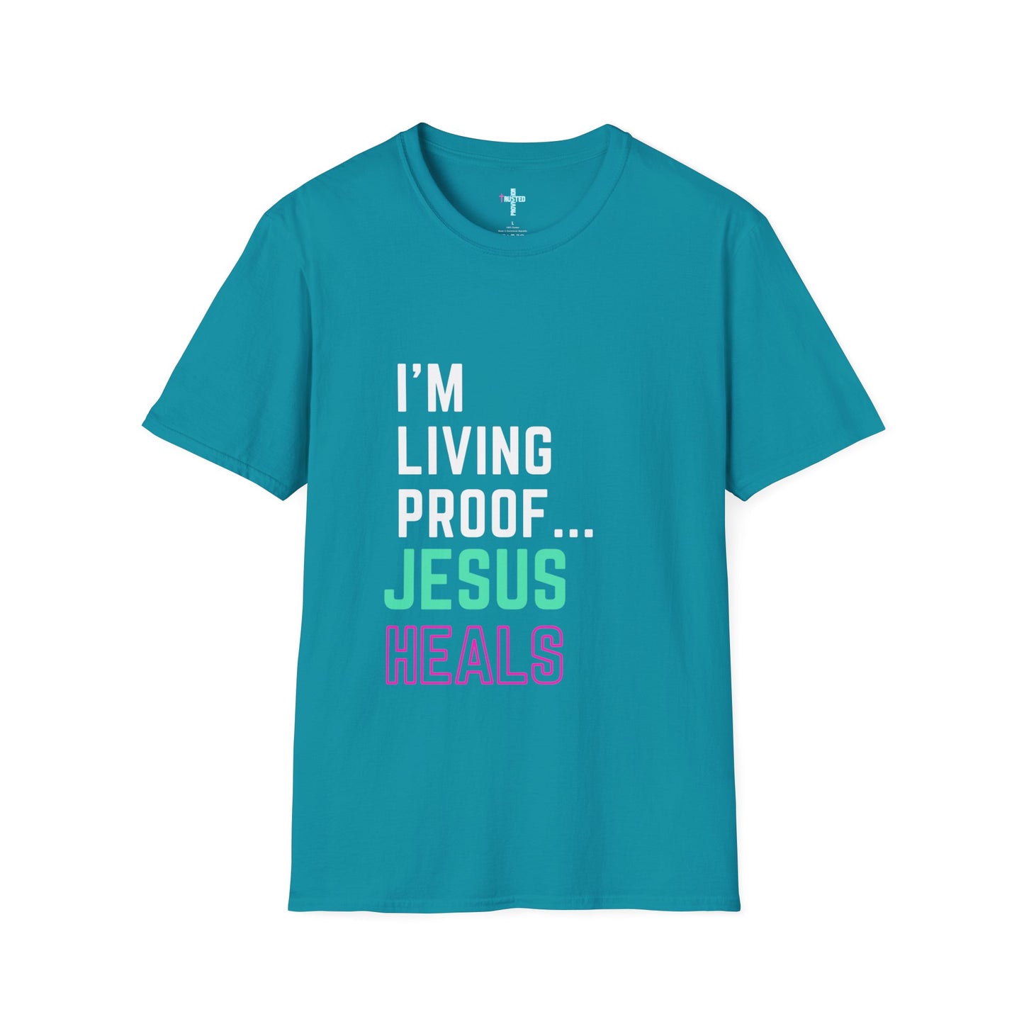 I am living proof...Jesus Heals- Unisex Softstyle T-Shirt (electric)