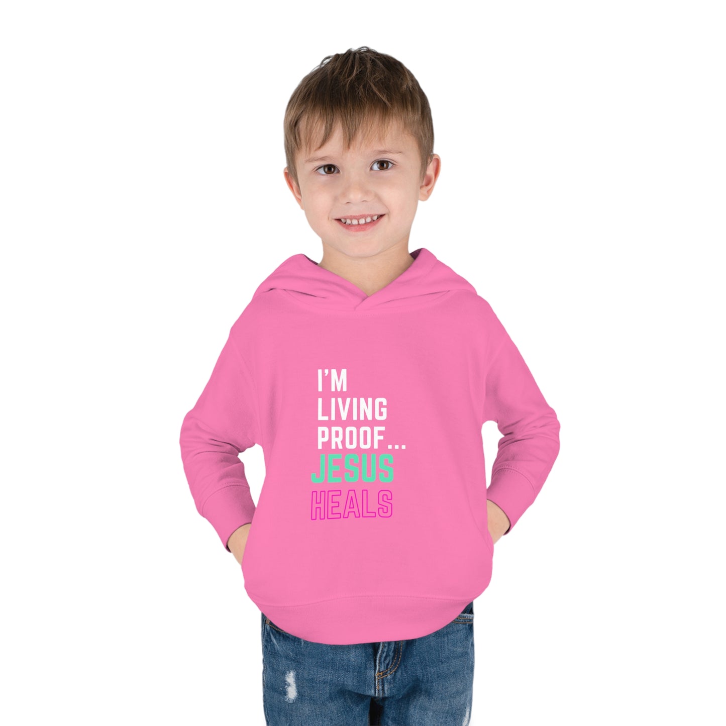 I'm living proof...Jesus Heals- Toddler Pullover Hoodie (pink & blue letters)