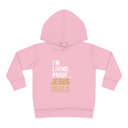I'm living proof...Jesus Heals- Toddler Pullover Hoodie (gold letters)
